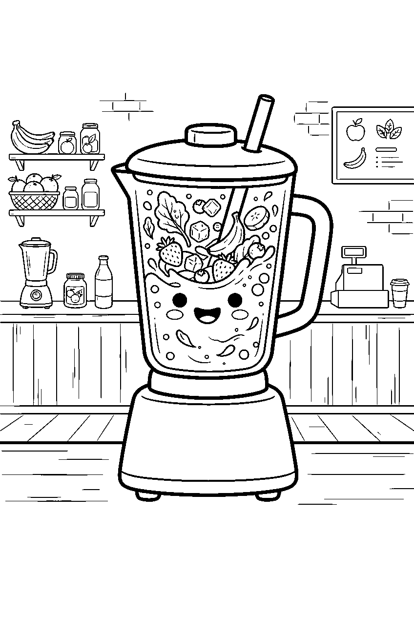 smoothie cup smiling while ingredients blend at juice bar line art