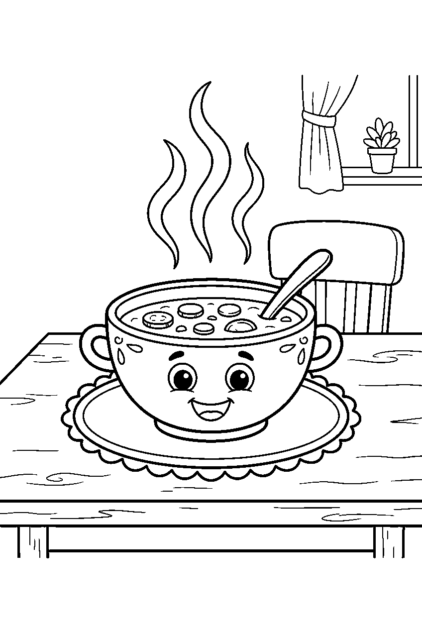soup bowl smiling beneath rising steam on family dining room table line art