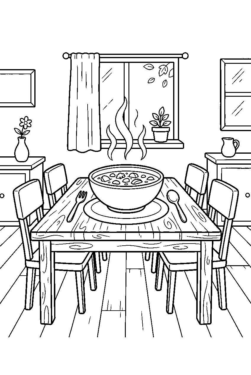 soup steaming on family dining room table line art