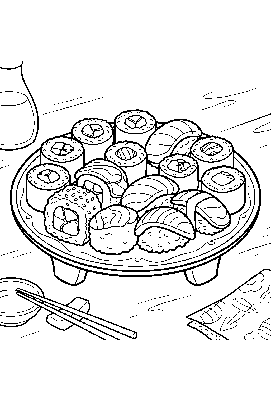 sushi rolls arranged on restaurant platter line art
