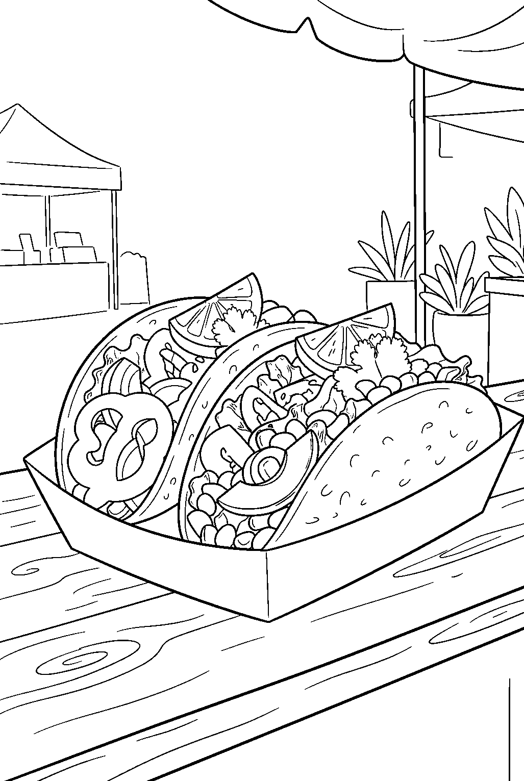 tacos filled with vegetables at street market line art