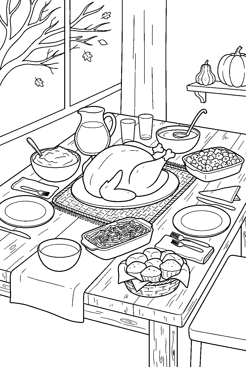 thanksgiving foods served on farmhouse dining table line art