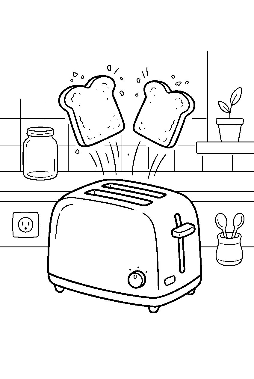 toast slices popping from toaster in home kitchen line art