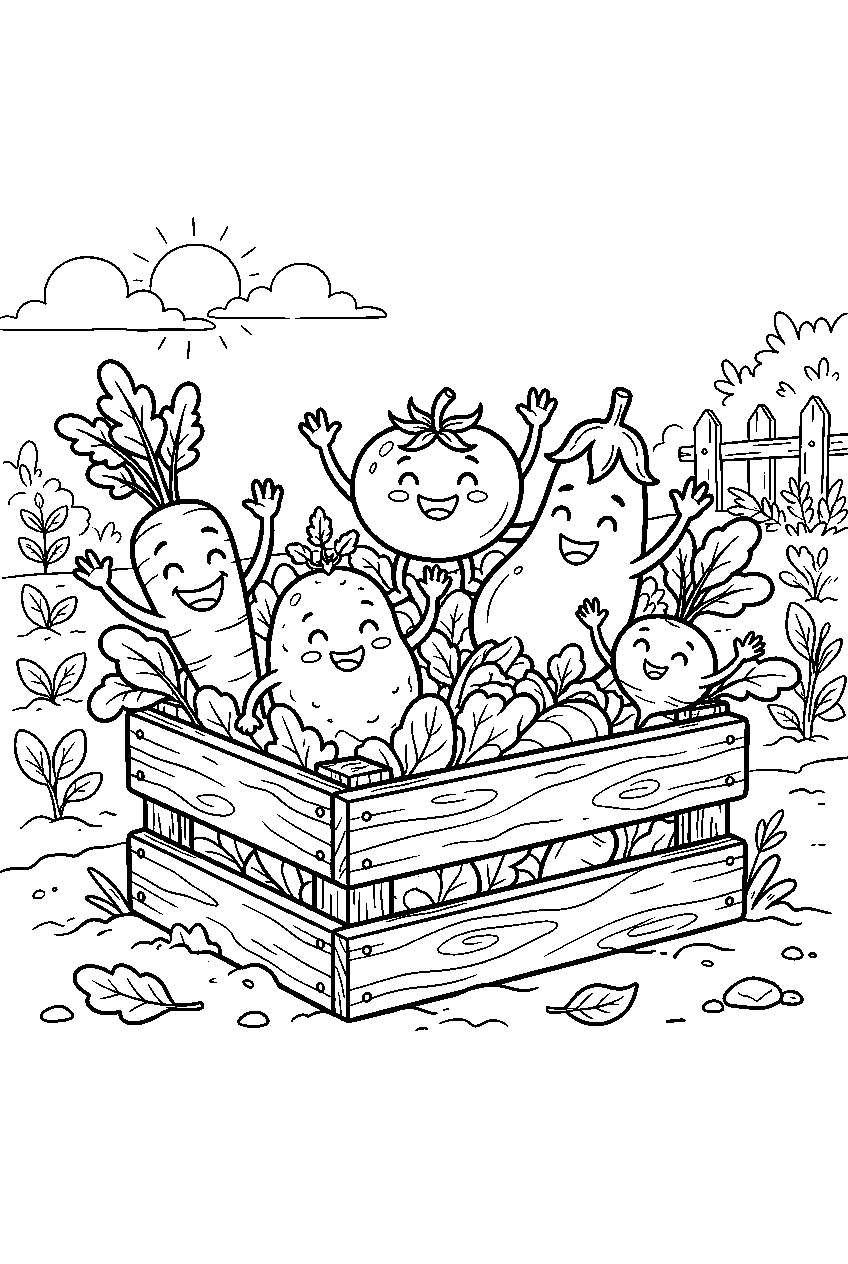 vegetable characters cheering inside harvest crate in garden line art