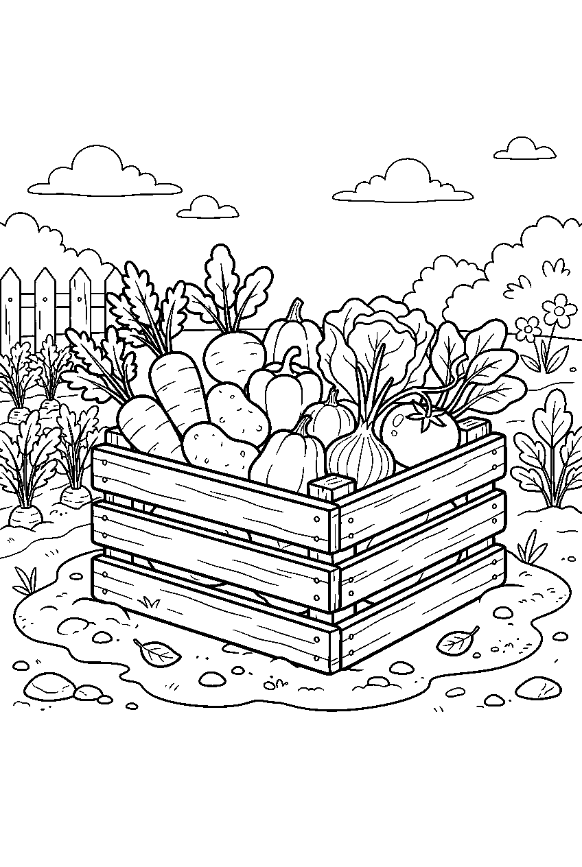 vegetables harvested into crate in garden line art