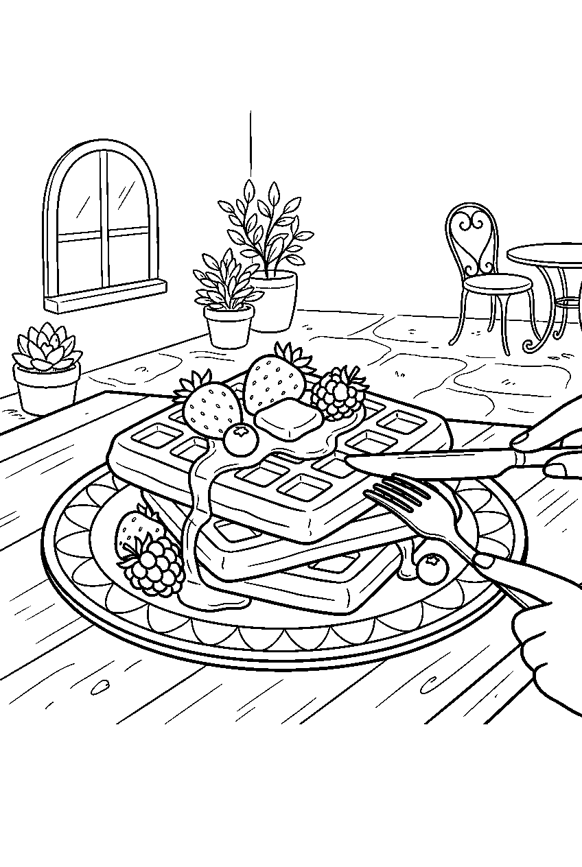 waffles topped with berries on brunch patio line art