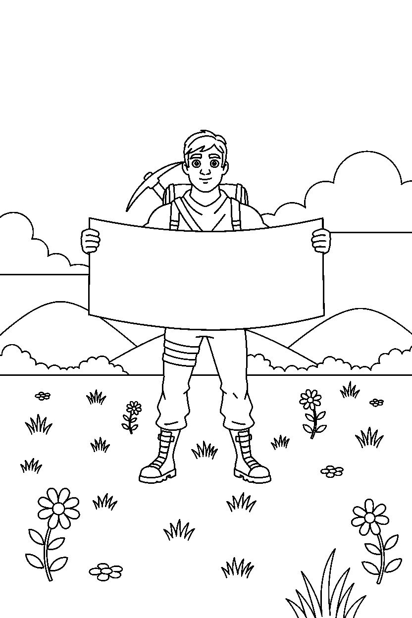 fortnite adventurer holding a banner in a peaceful meadow line art