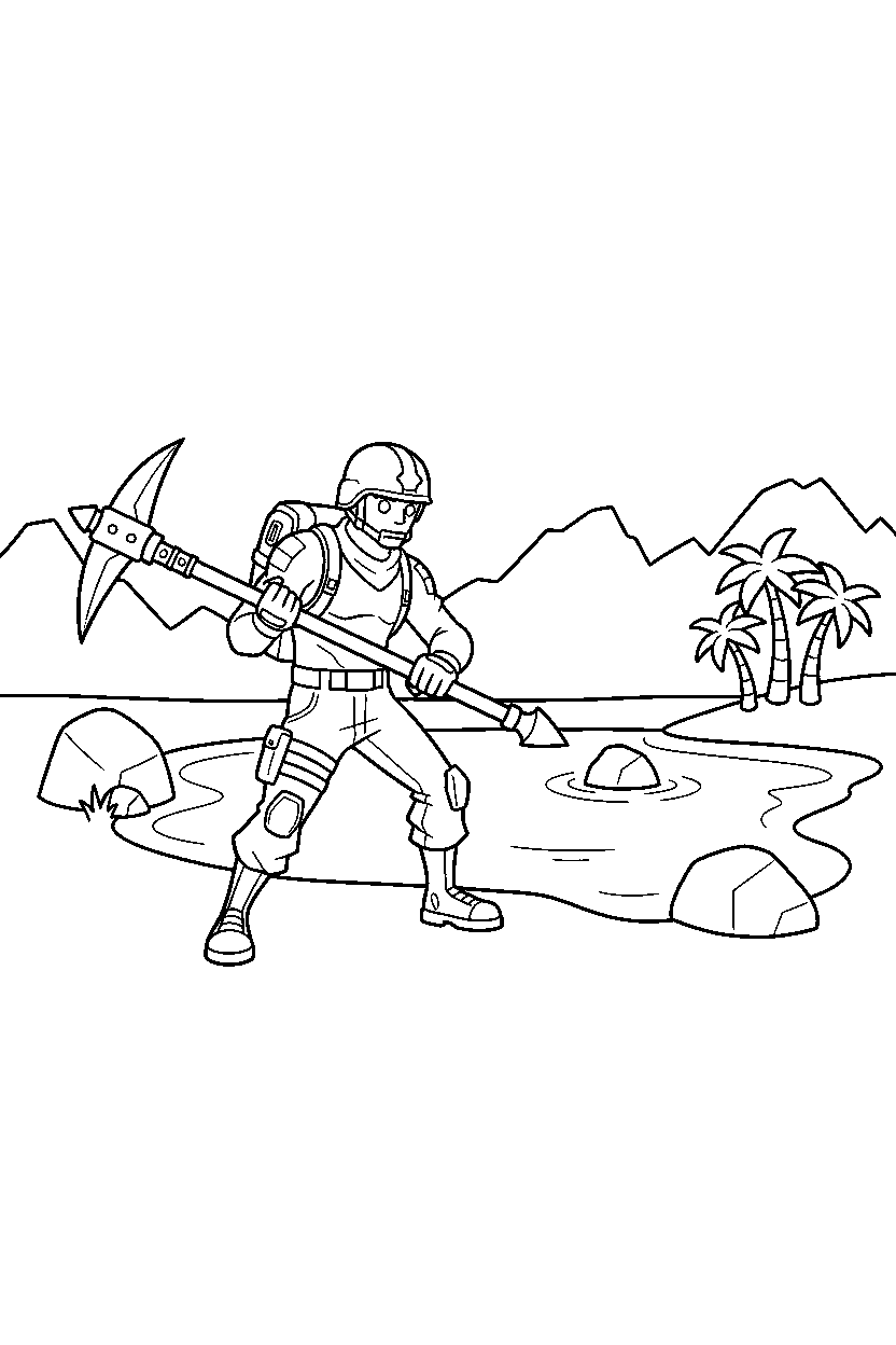 fortnite adventurer holding a pickaxe near a small lake line art