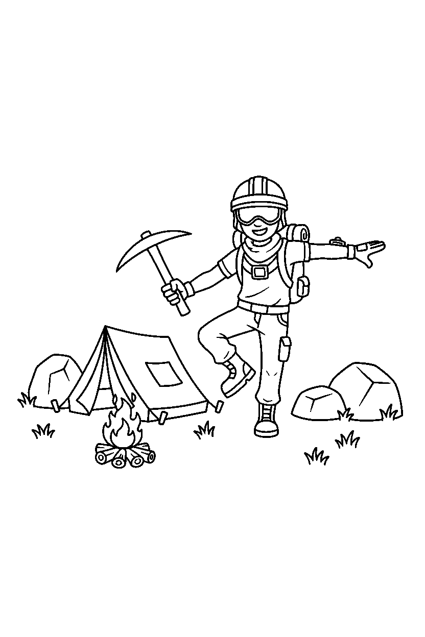 fortnite battle adventurer balancing on one foot near a small camp line art