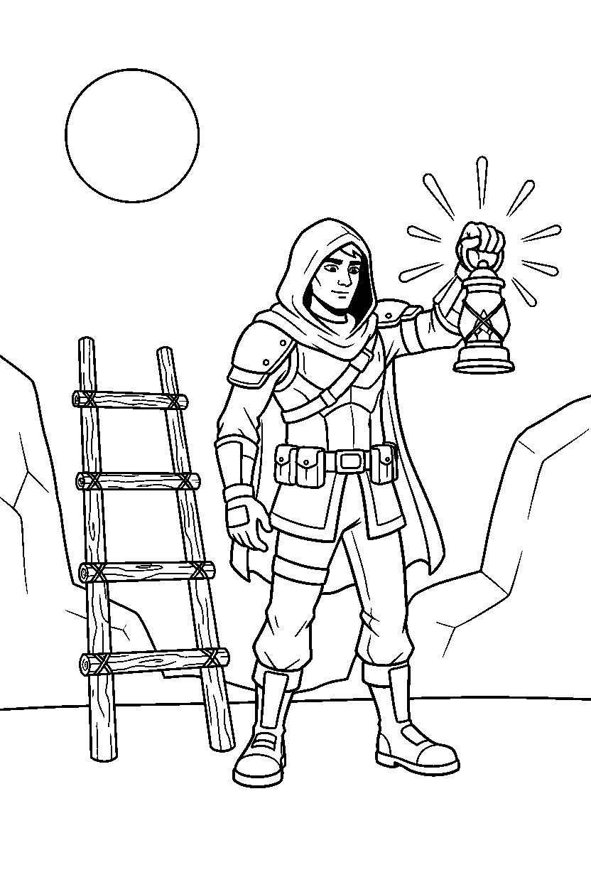 fortnite battle adventurer holding a lantern near a wooden ladder line art