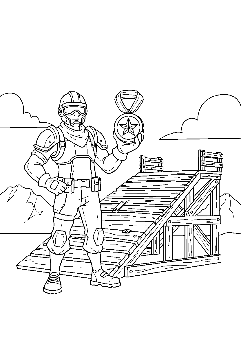 fortnite battle adventurer holding a medal near a wooden platform ramp line art