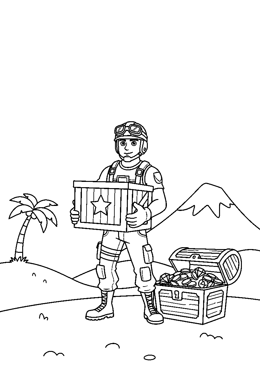 fortnite battle adventurer holding a supply crate near a treasure chest line art