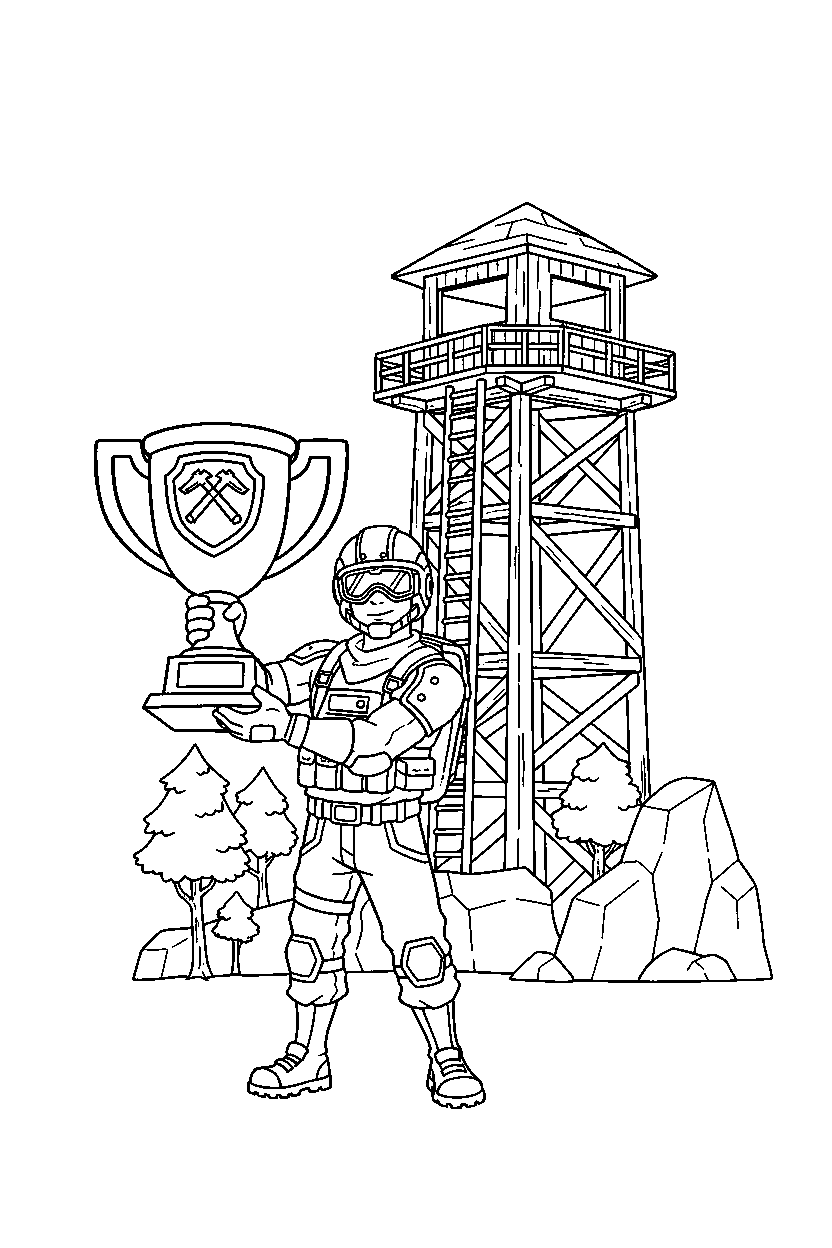 fortnite battle adventurer holding a trophy near a lookout tower line art