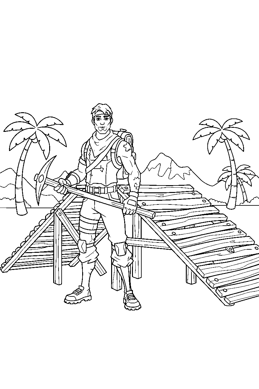 fortnite battle adventurer ready for adventure near a wooden platform ramp line art