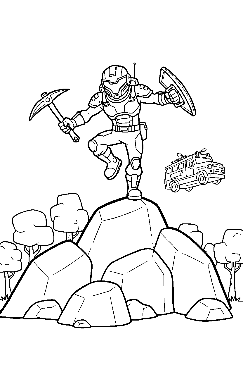 fortnite battle champion balancing on one foot on a rocky hill line art