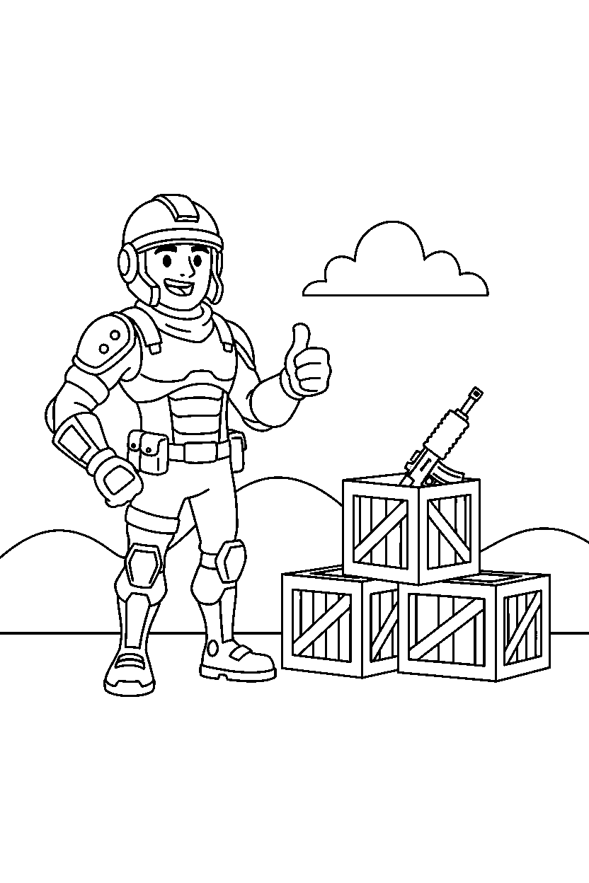 fortnite battle champion giving a thumbs up near supply crates line art