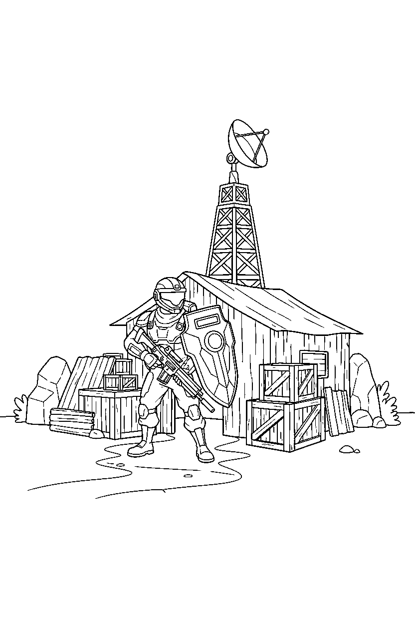 fortnite battle champion guarding the base near a small shelter line art