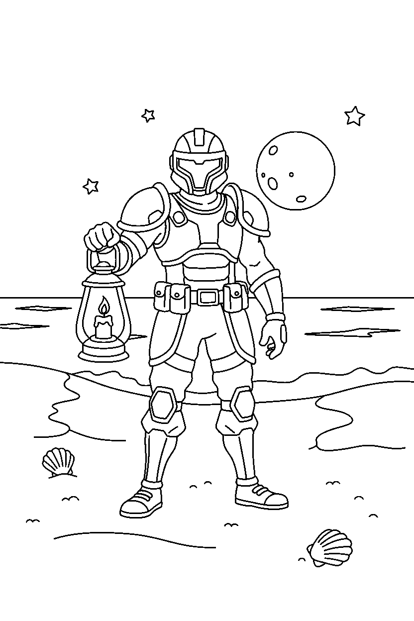 fortnite battle champion holding a lantern on a sandy beach line art