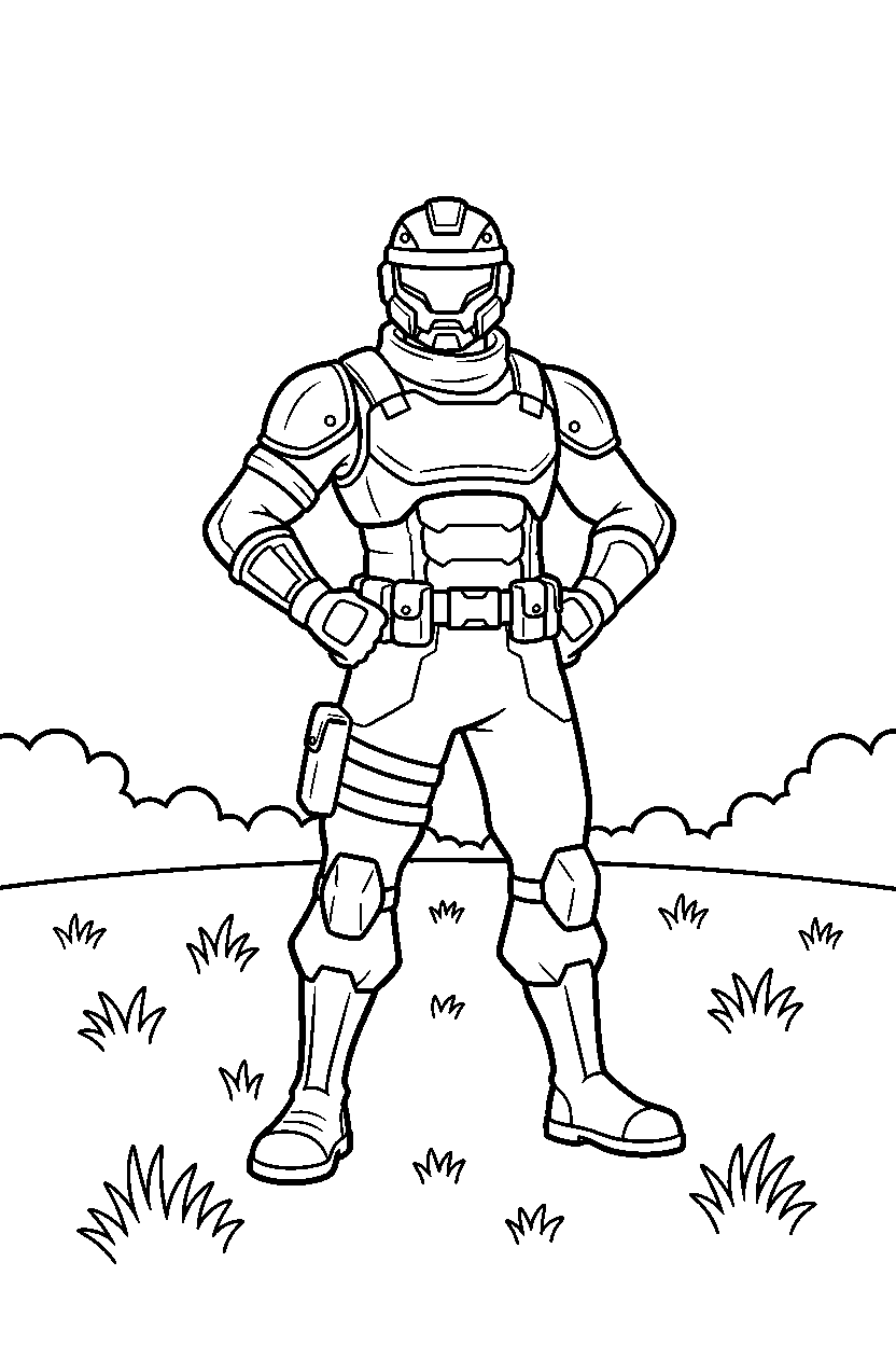 fortnite battle champion looking forward in a grassy field line art
