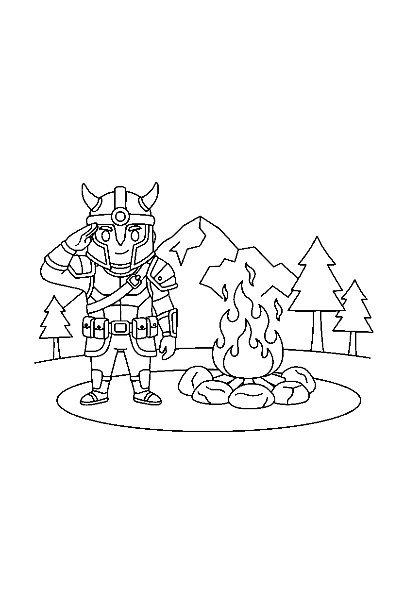 fortnite battle champion saluting near a campfire line art