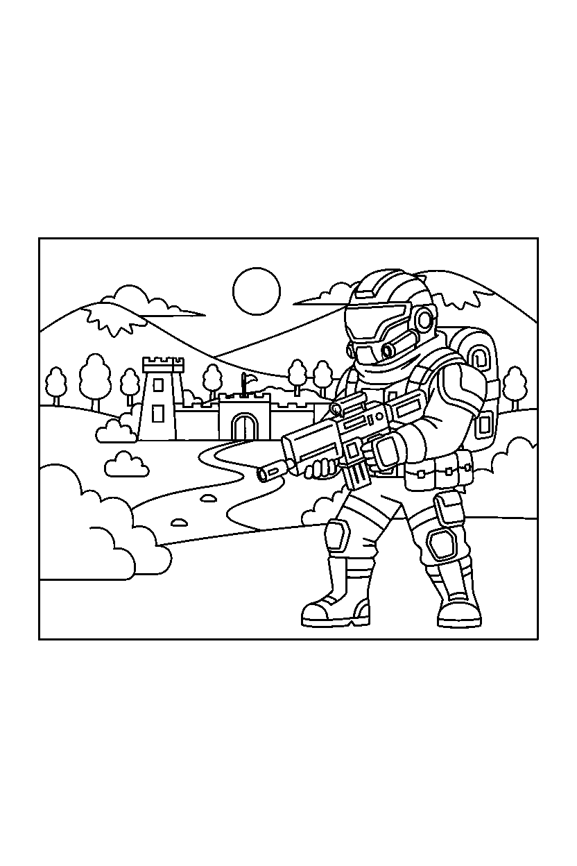 fortnite battle explorer guarding the base in a quiet valley line art