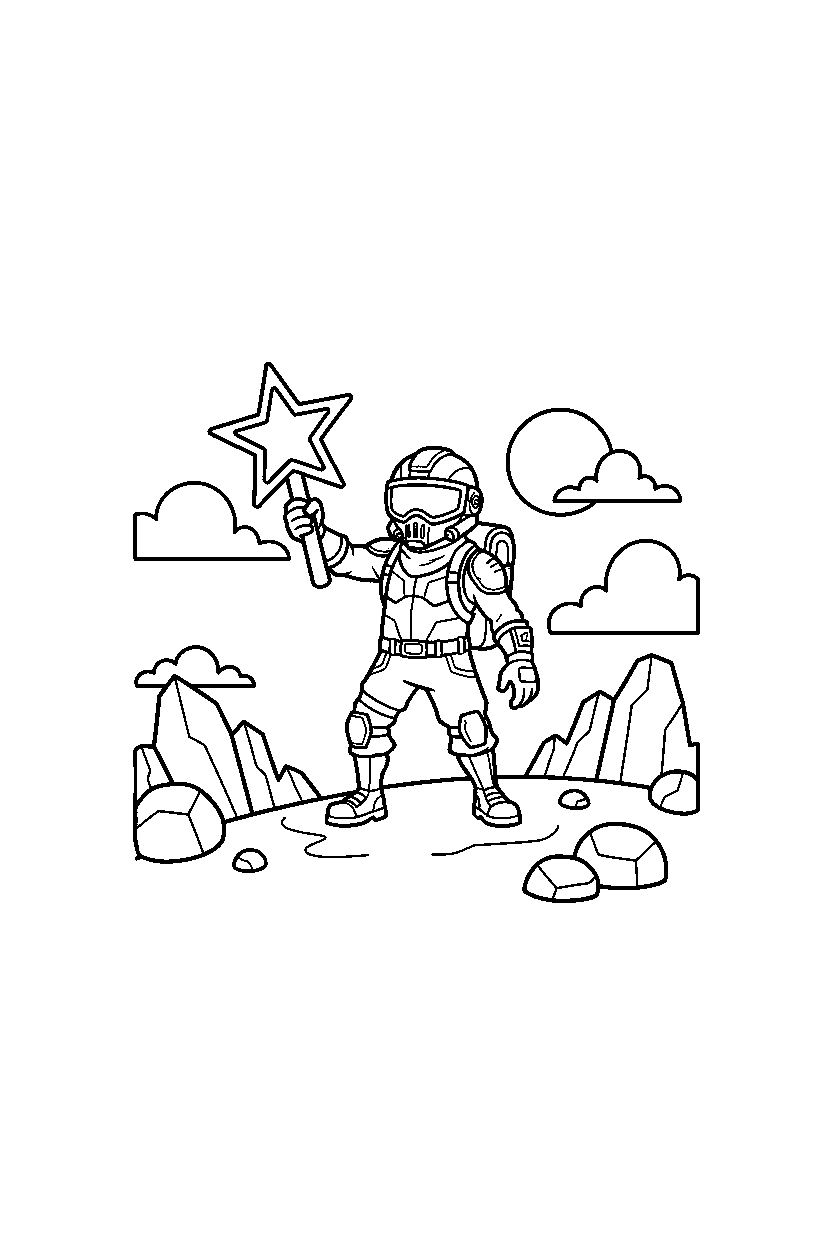 fortnite battle explorer holding a star on a rocky hill line art