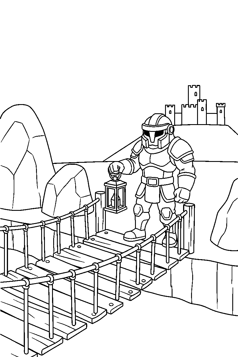 fortnite battle fighter holding a lantern near a wooden bridge line art