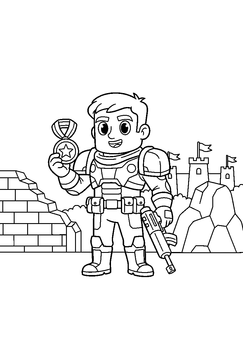 fortnite battle fighter holding a medal in a simple battlefield line art
