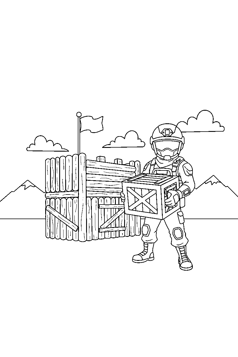 fortnite battle fighter holding a supply crate near a wooden fort line art