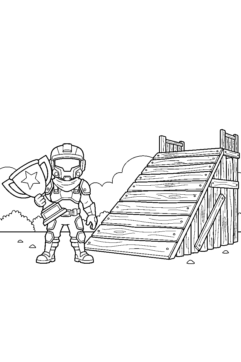 fortnite battle fighter holding a trophy near a wooden platform ramp line art