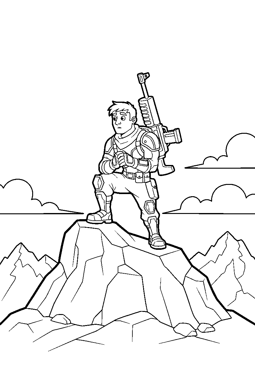 fortnite battle fighter looking around on a rocky hill line art