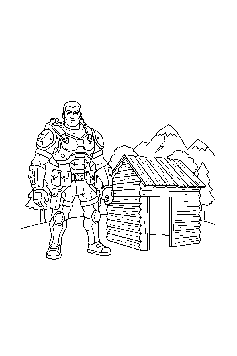 fortnite battle fighter looking forward near a small shelter line art