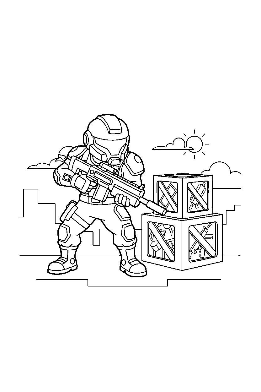 fortnite battle fighter posing near supply crates line art