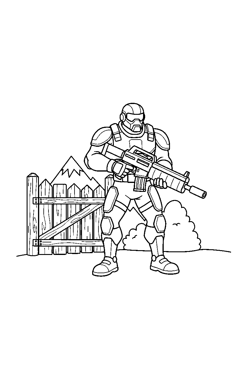 fortnite battle fighter standing ready near a wooden gate line art