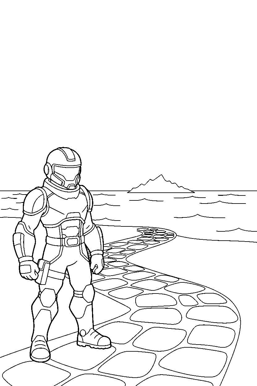 fortnite battle fighter watching the horizon near a quiet island path line art