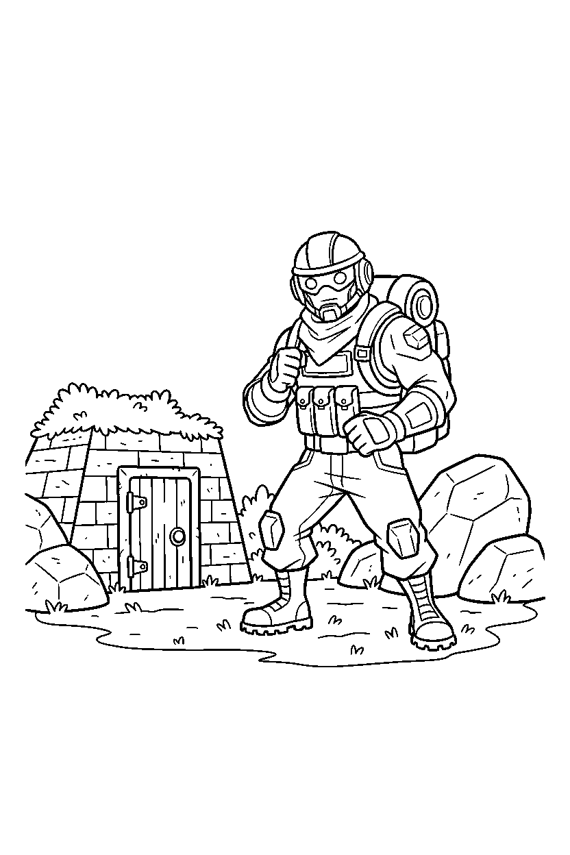fortnite battle hero ready for adventure near a small bunker entrance line art