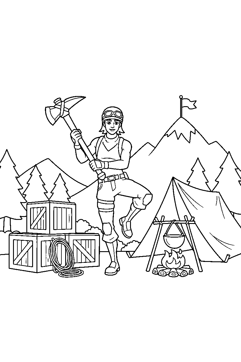 fortnite battle ranger balancing on one foot near a supply camp line art
