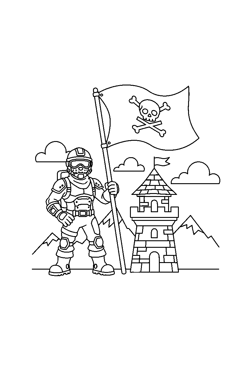 fortnite battle ranger holding a flag near a small tower line art