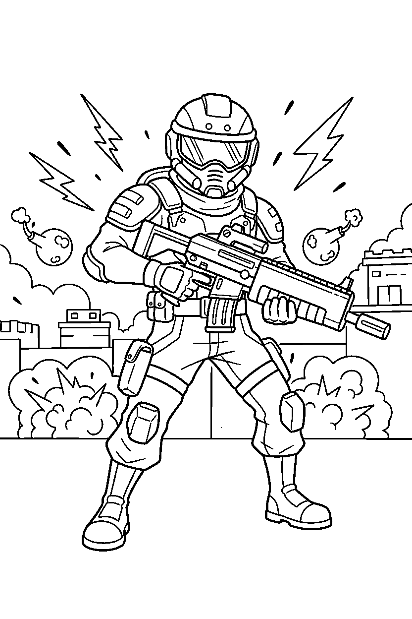 fortnite battle ranger holding a weapon in a cartoon battle scene line art