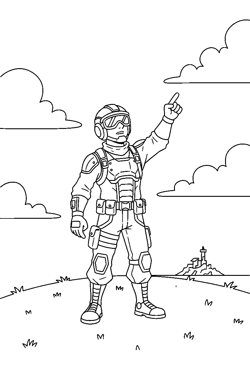 fortnite battle ranger looking at the sky on a grassy hill line art