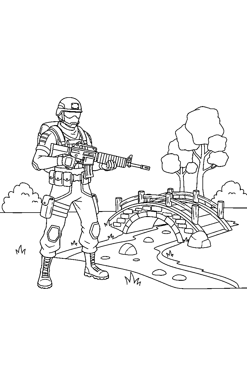 fortnite battle ranger standing ready near a small bridge line art