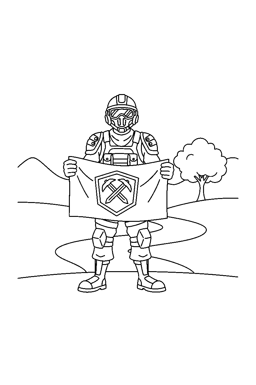 fortnite battle scout holding a banner in a quiet valley line art