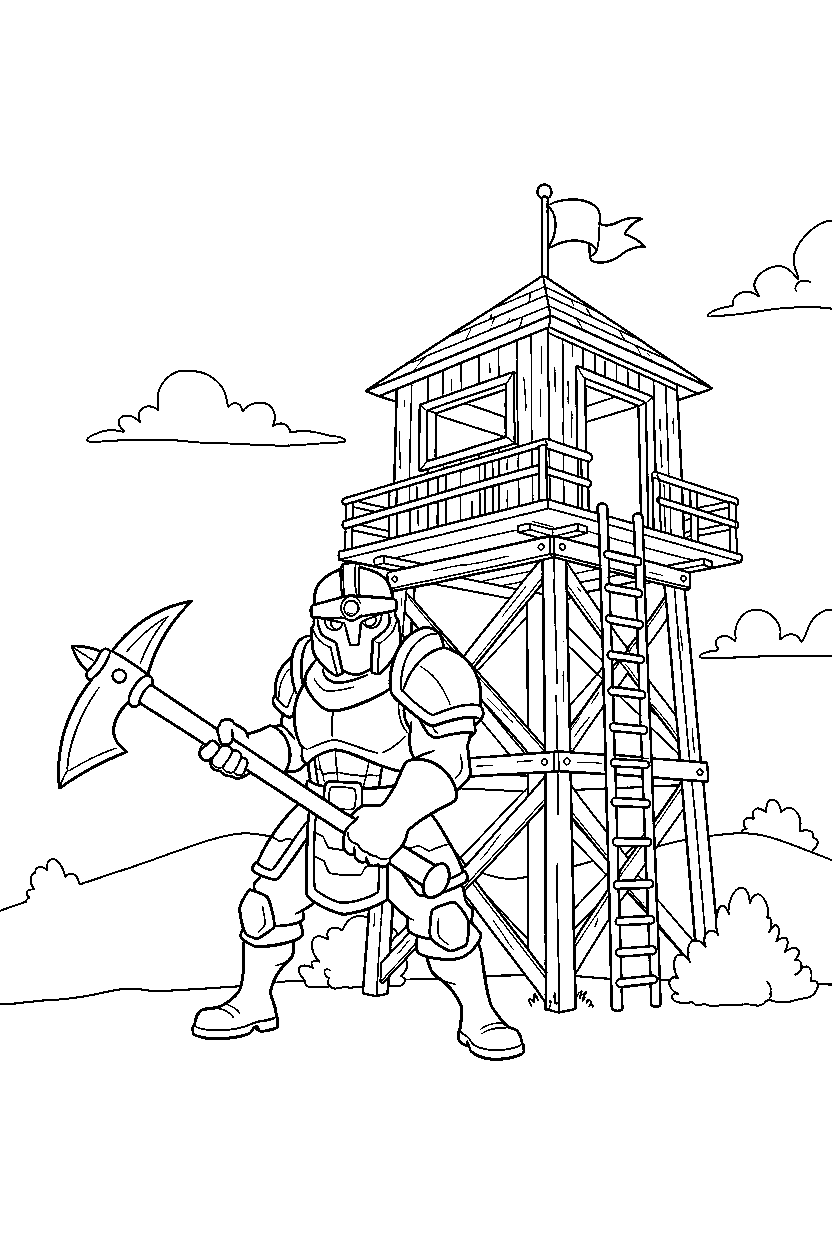 fortnite brave hero holding a pickaxe near a wooden lookout line art