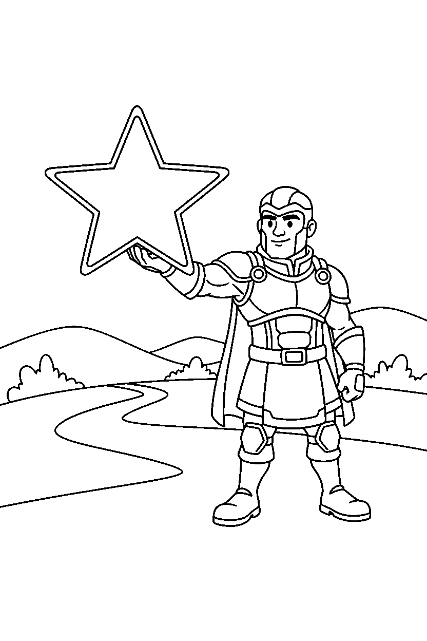 fortnite brave hero holding a star near a hill path line art