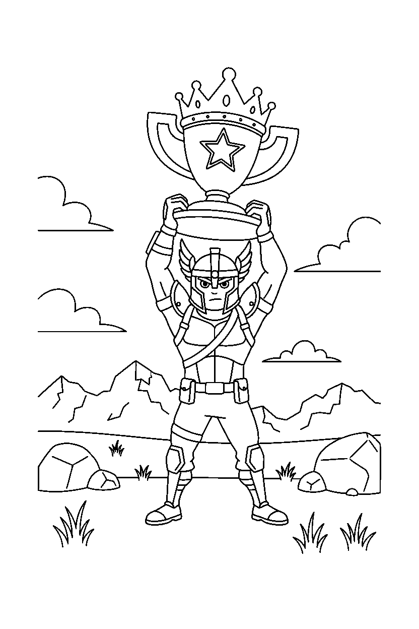 fortnite brave hero holding a trophy in an open field line art
