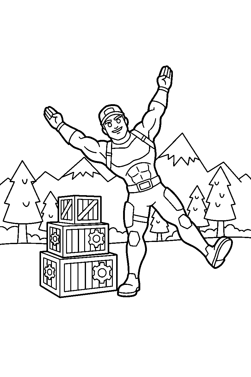 fortnite brave hero stretching near supply crates line art