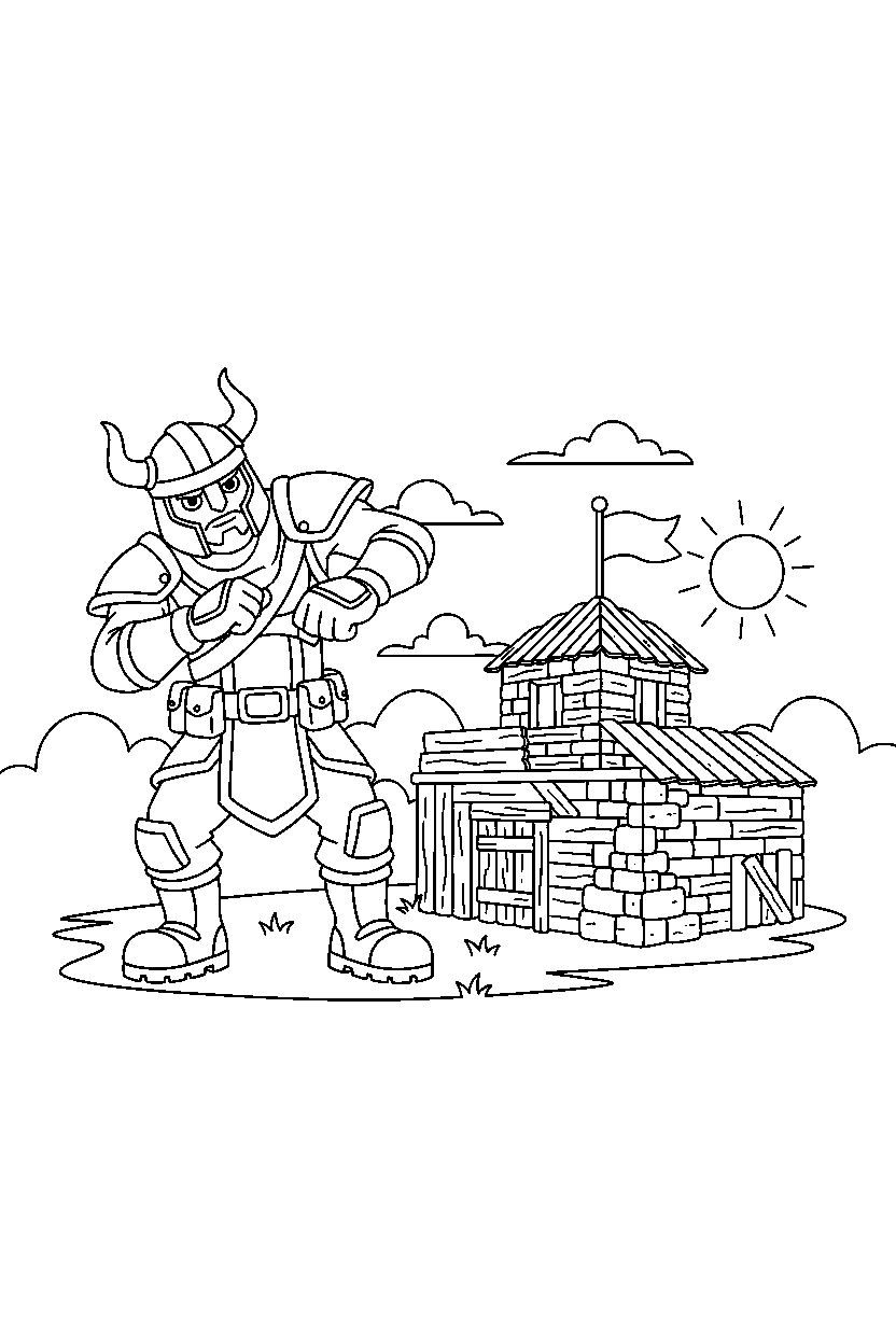 fortnite brave warrior dancing near a small fort line art