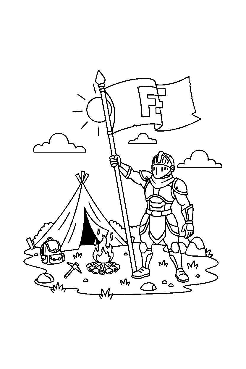 fortnite brave warrior raising a flag near a small camp line art