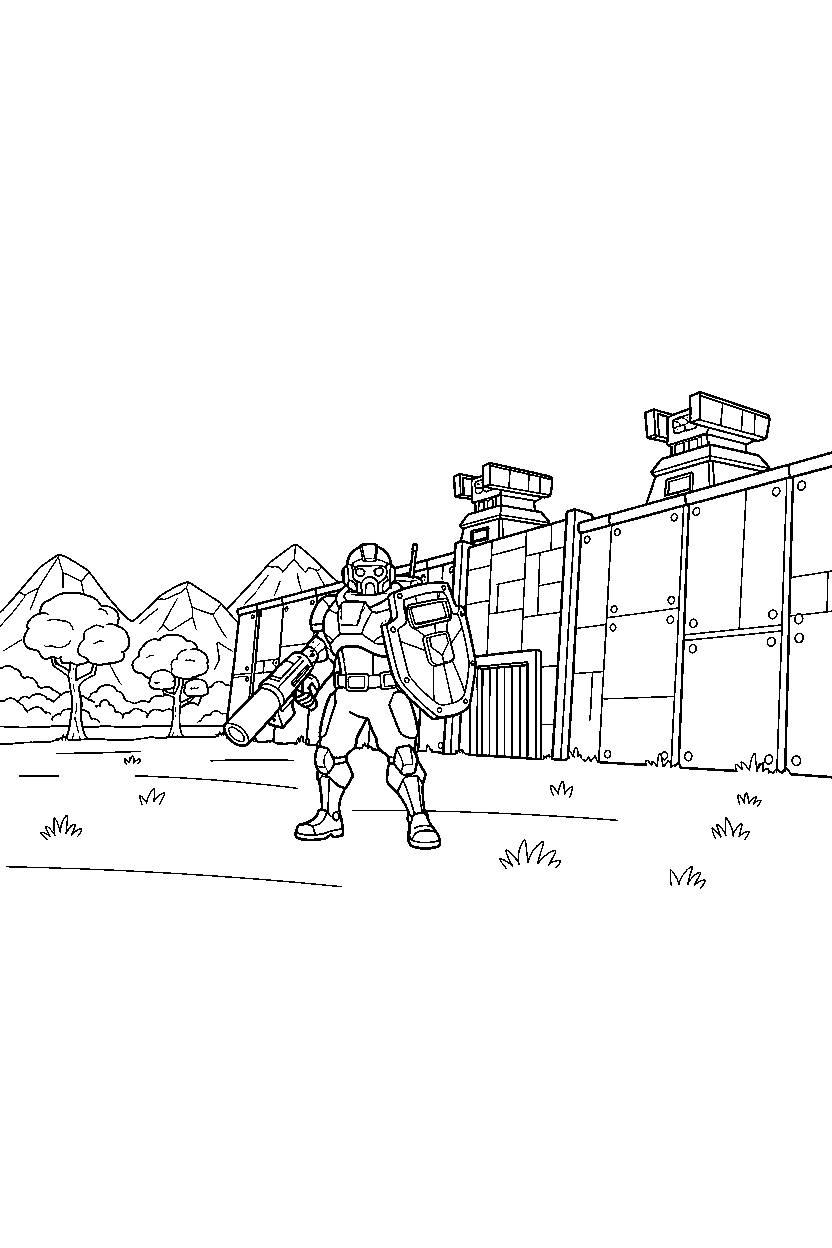 fortnite champion guarding the base in an open field line art