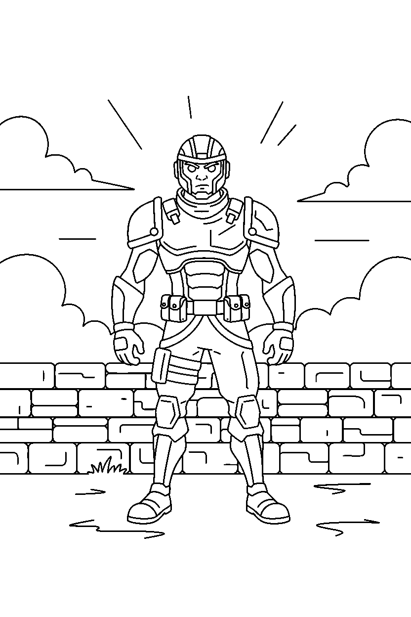 fortnite champion looking forward near a stone wall line art